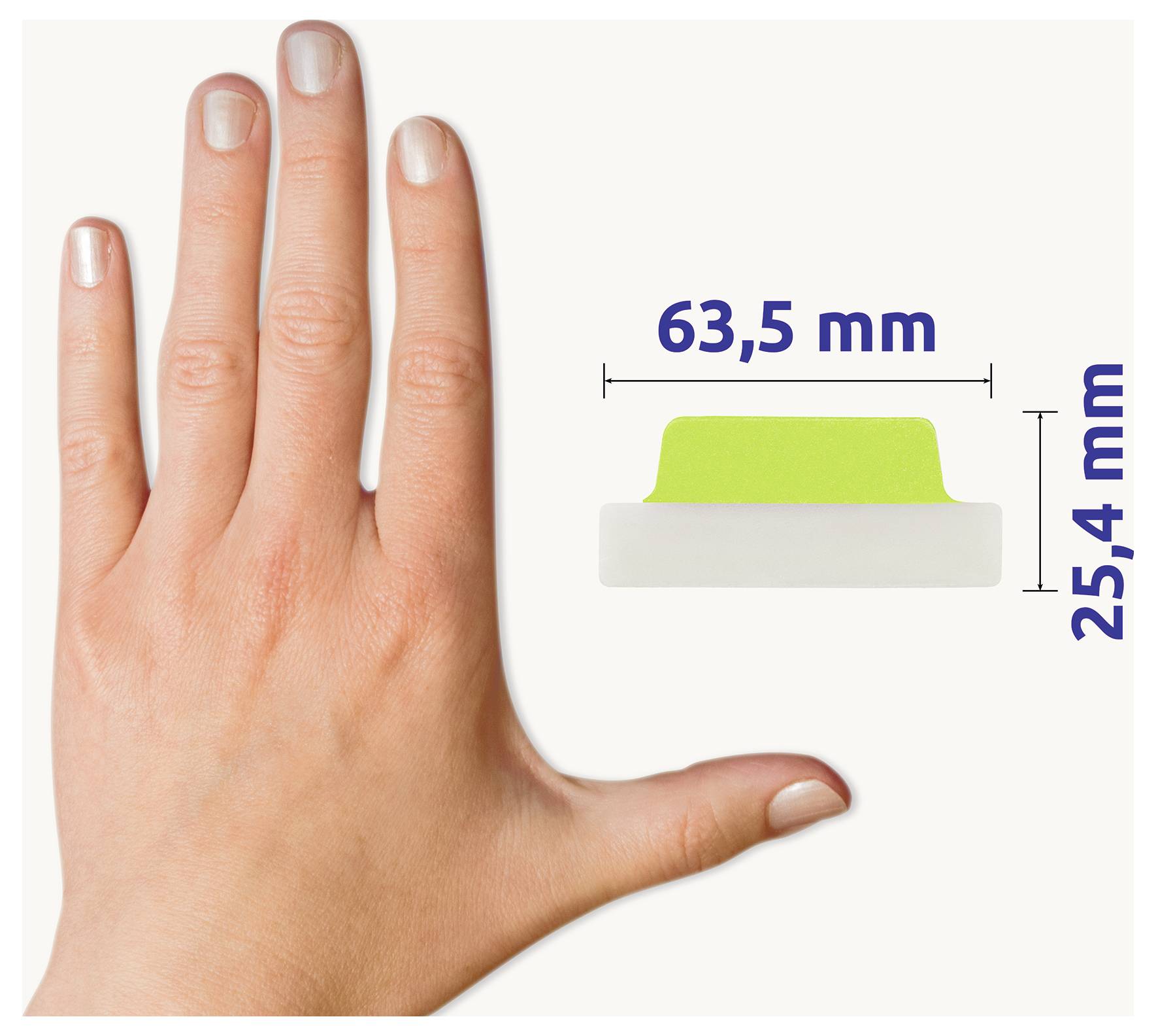 Hand neben einer kleinen grün-weißen Form; Maßangaben zeigen 63,5 mm Breite und 25,4 mm Höhe.<br>