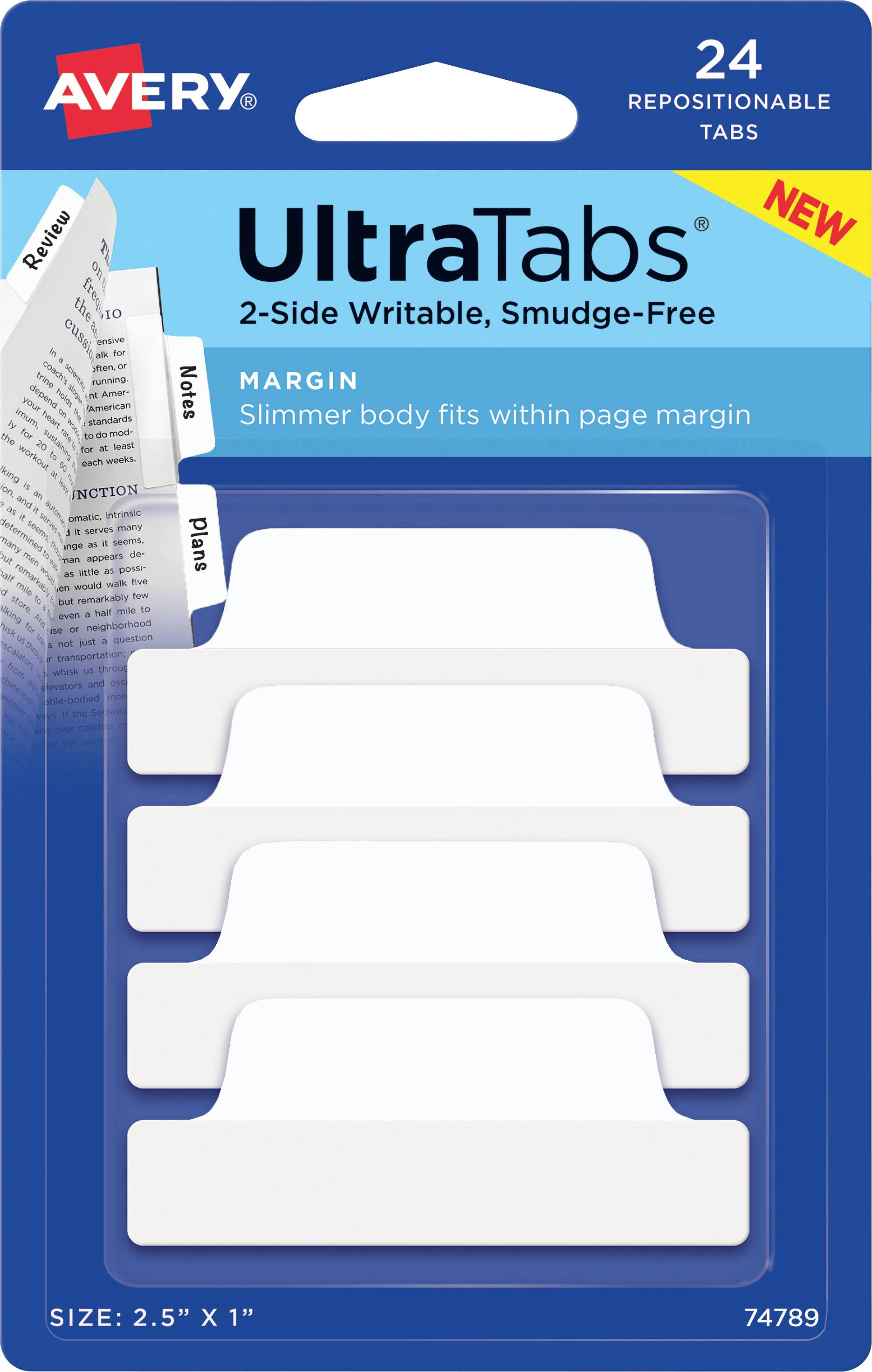 Packung mit Avery UltraTabs verschiebbaren Registerleitern, 24er-Packung, Randgröße 2,5 x 1 Zoll, weiße Registerleitern auf blauer Verpackung.