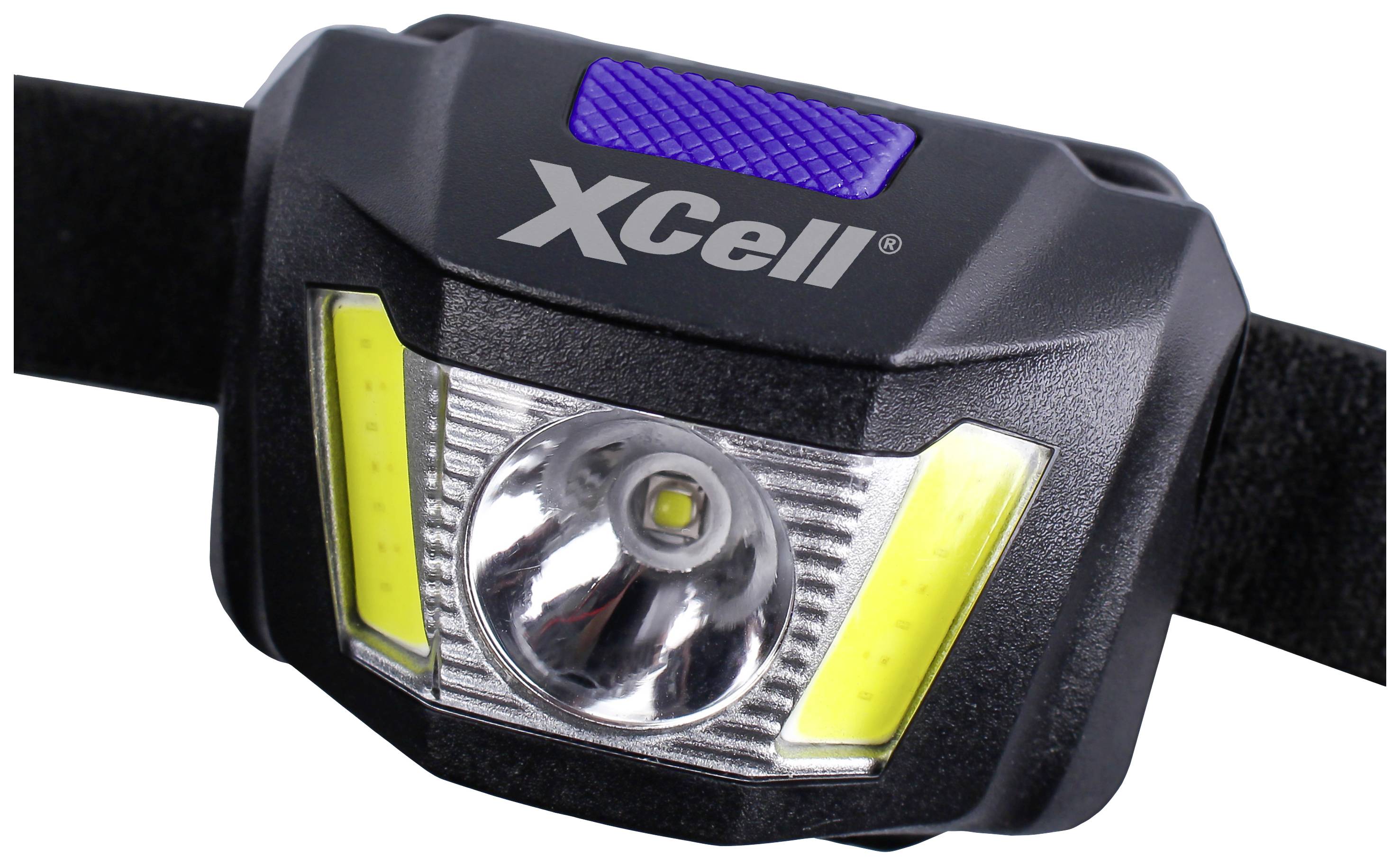 Schwarze Stirnlampe mit blauem Knopf und gelben Seitenlichtern der Marke 'XCell'. Hochwertige LED-Leuchte für outdoor Aktivitäten.