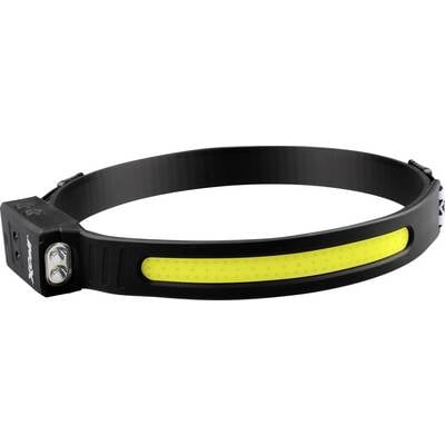 Eine schwarze LED-Stirnlampe mit einem gelben Lichtstreifen auf einem verstellbaren Band, entwickelt für freihändige Beleuchtung während verschiedener Aktivitäten.