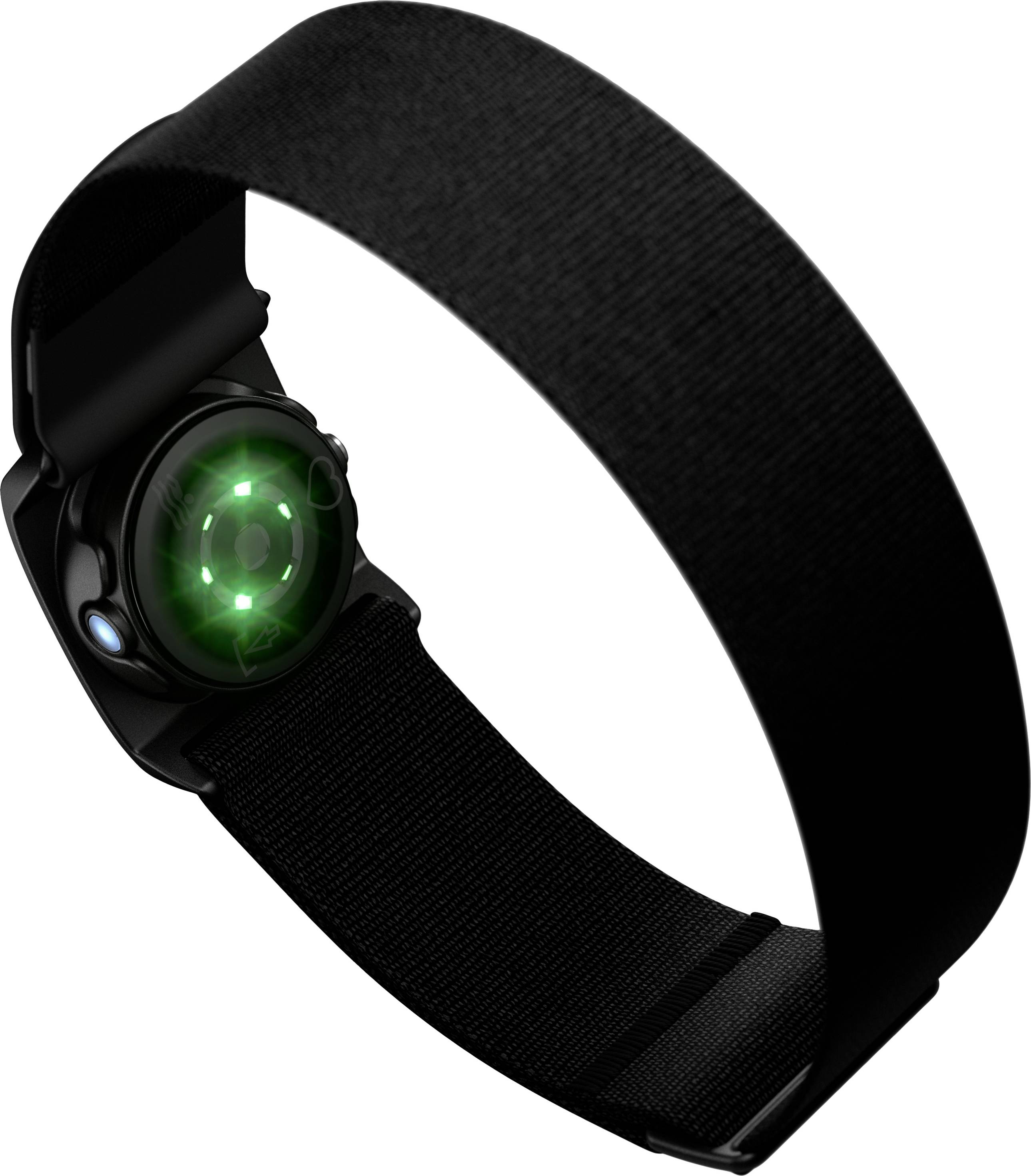 Schwarze Smartwatch mit grün leuchtendem Sensor auf der Unterseite des Armbands, zur Gesundheitsüberwachung.