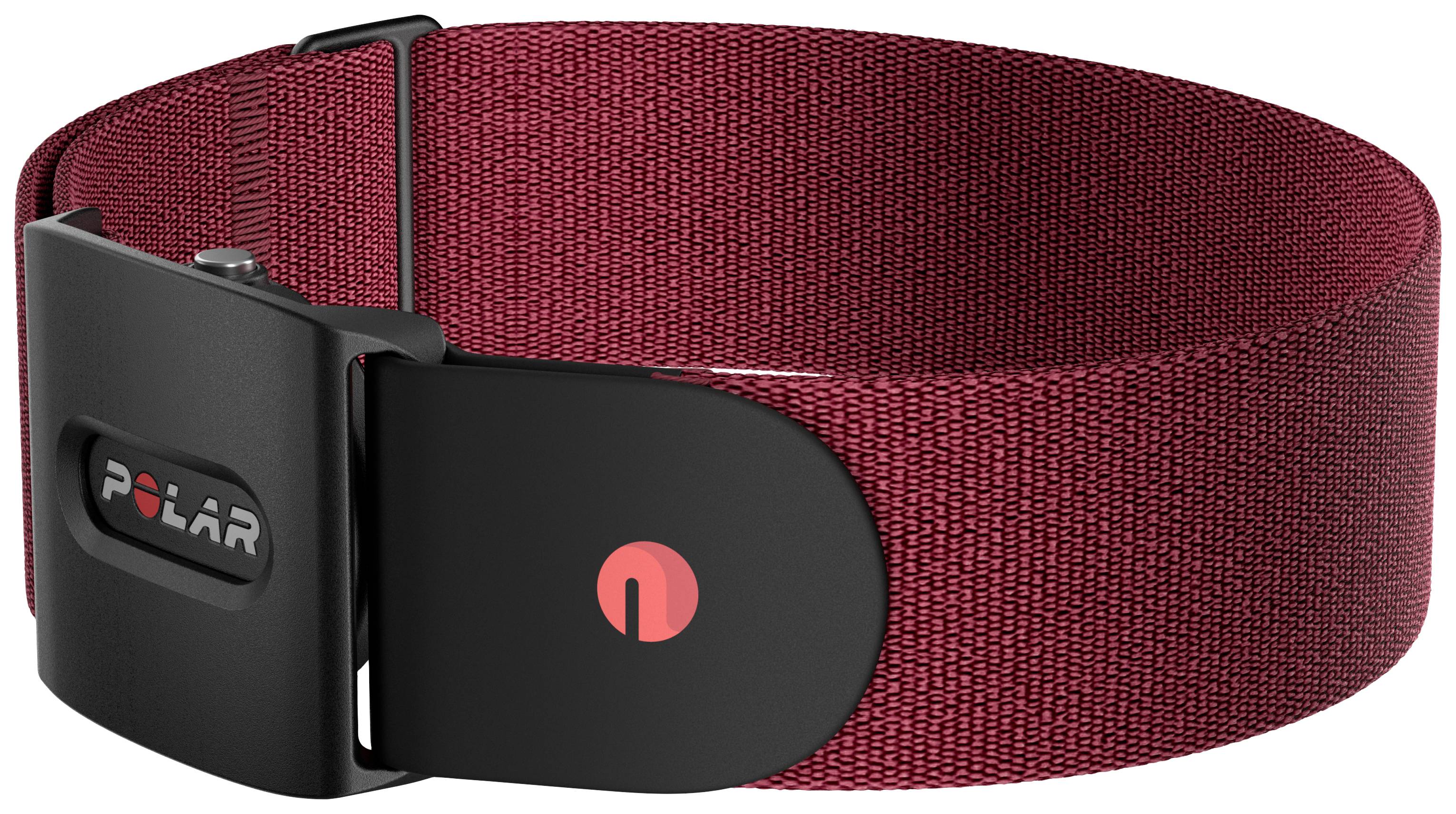 Ein rotes Armband mit schwarzer Schnalle, markiert mit einem 'Polar'-Logo.