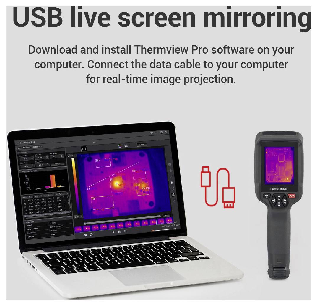 USB-Echtzeit-Bildschirmspiegelung Anleitung mit Laptop, rotem Kabel-Symbol und tragbarem Wärmebild-Gerät zur Anzeige eines Wärmebildes für Echtzeit-Projektion.