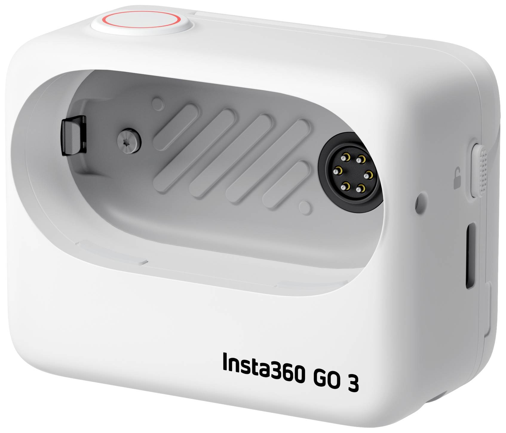 Weiße Kamerahülle mit der Aufschrift 'Insta360 GO 3'. Schützt und lädt die Kamera.