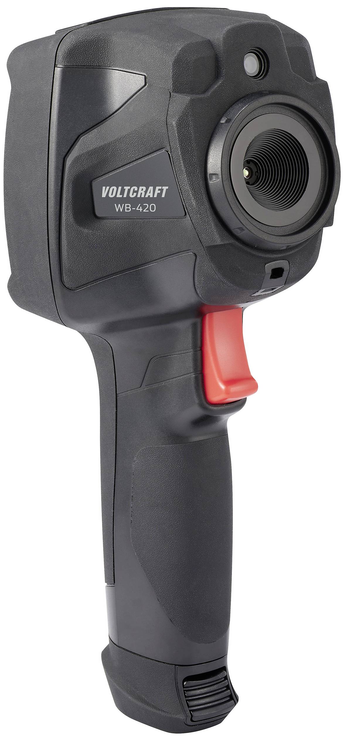 Handheld Infrarot-Wärmebildkamera mit rotem Auslöser, zum Erkennen von Temperaturunterschieden. Marke 'Voltcraft WB-420'.