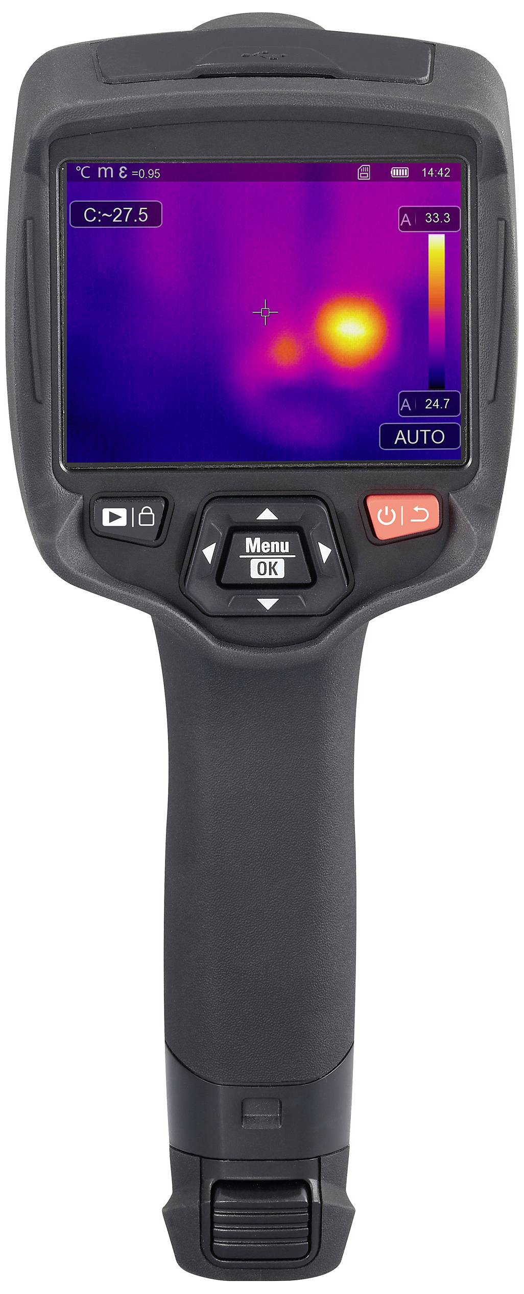 Handwärmebildkamera mit Display zeigt Temperaturverteilung. Rote und gelbe Bereiche markieren höhere Temperaturen, blaue kältere.