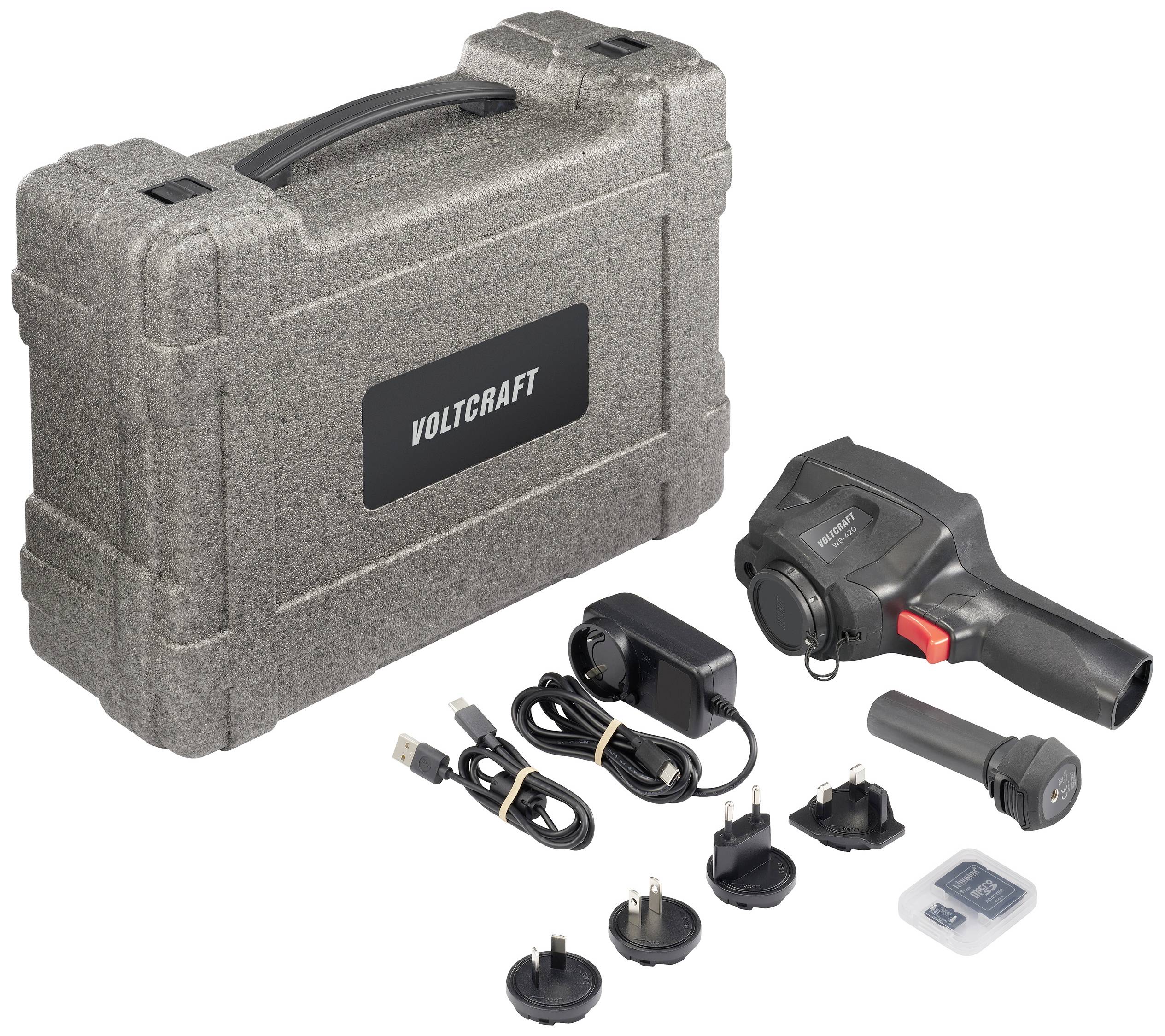 Thermografiekamera mit Zubehör: Koffer, Ladegerät, austauschbare Adapterstecker und SD-Karte. Ideal für Wärmebildanwendungen.