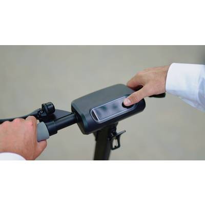 Nahaufnahme von zwei Händen, die den Lenker eines Elektrorollers halten. Eine Hand zeigt auf ein Display in der Mitte des Lenkers.