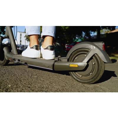 Eine Person steht auf einem Elektroroller und trägt weiße Turnschuhe. Der Roller bewegt sich auf einer asphaltierten Straße.