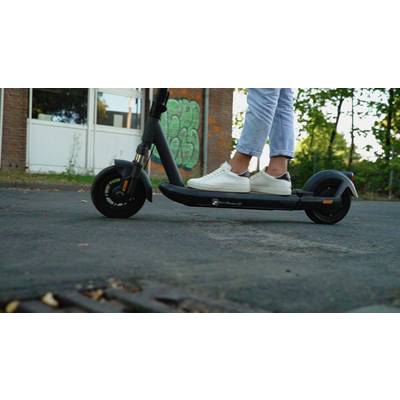 Eine Person fährt einen E-Scooter auf einer leeren Straße. Im Hintergrund sind Bäume und eine Backsteinmauer zu sehen.