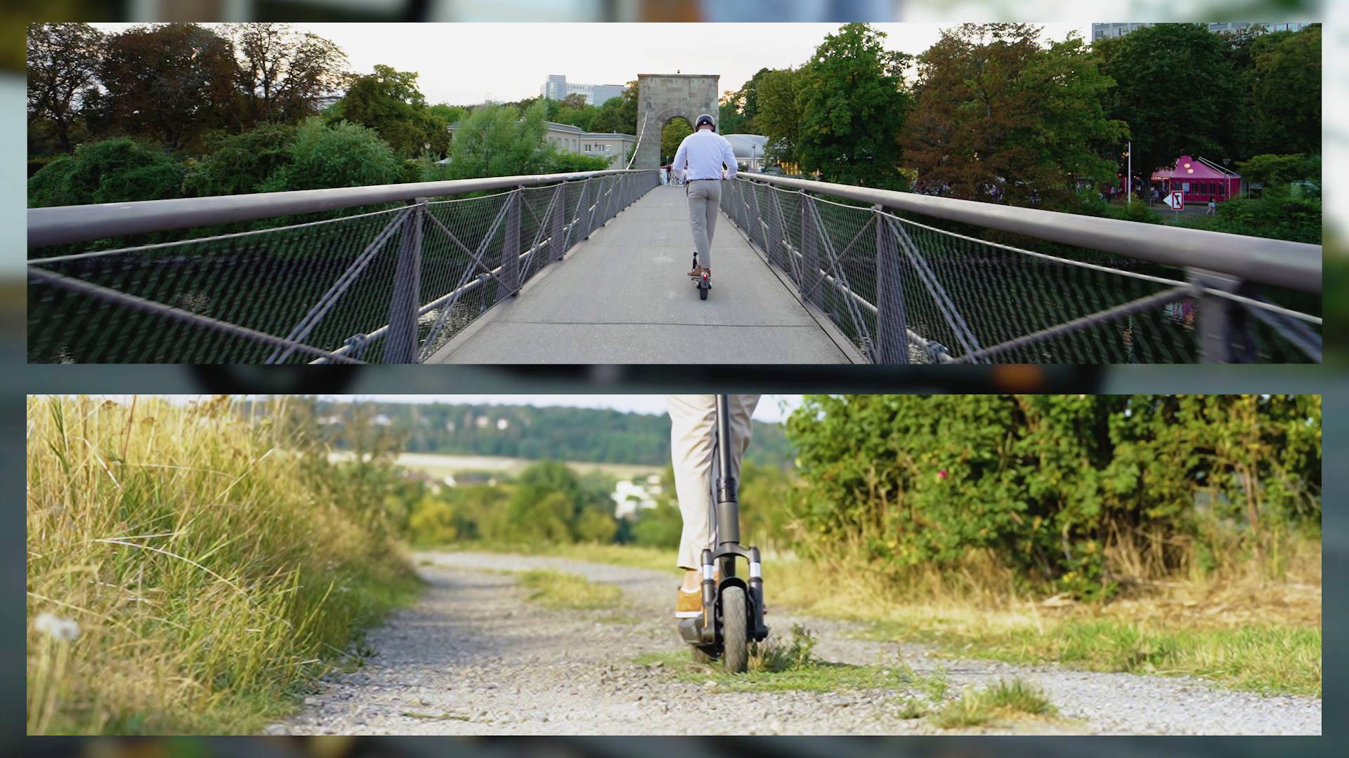 Eine Person fährt mit einem E-Scooter über zwei Brücken in einer grünen Umgebung, umgeben von Bäumen und Gras, bei Tageslicht.