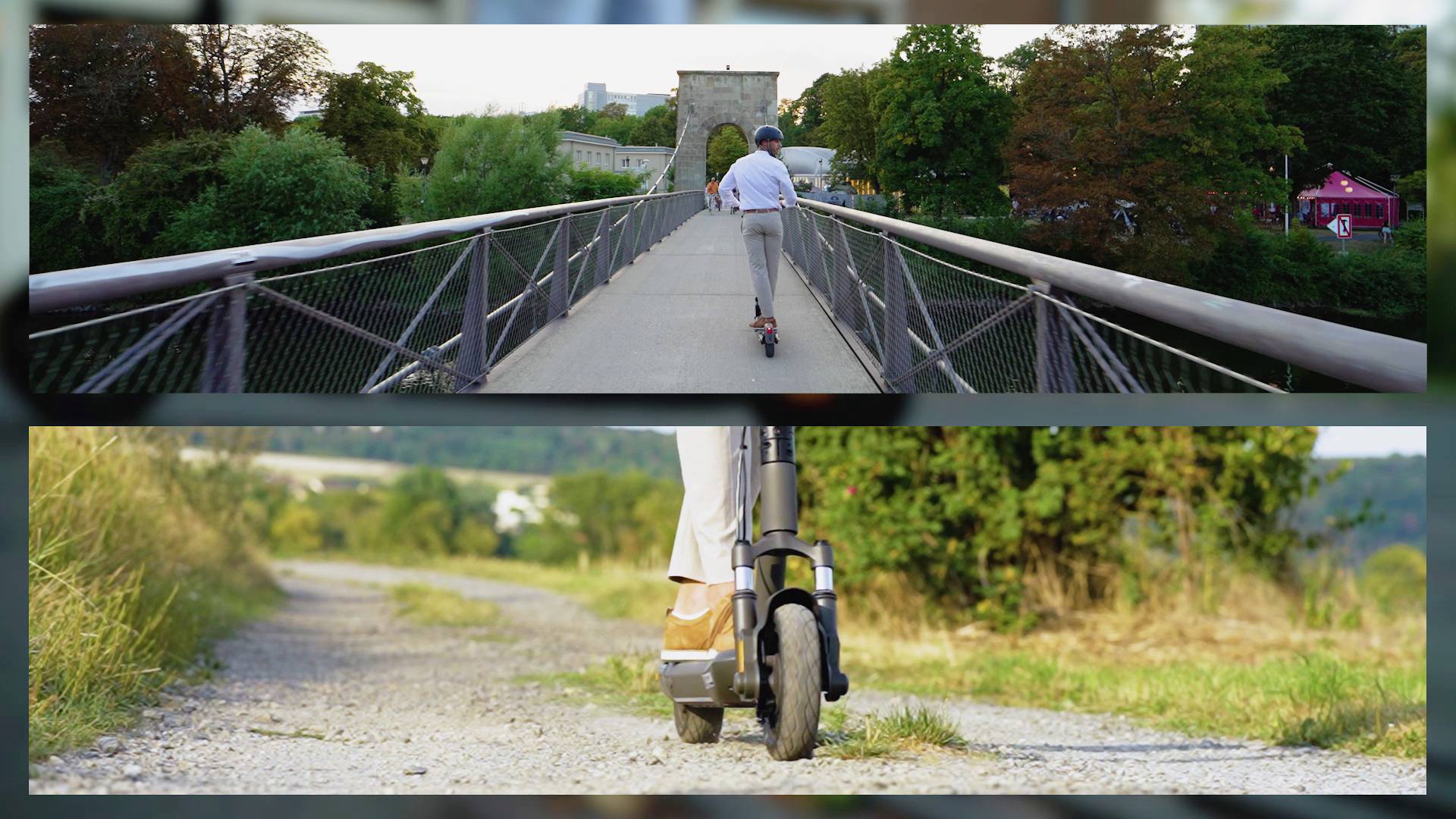Eine Person fährt auf einem E-Scooter über eine Brücke und einen ländlichen Weg. Im Hintergrund sind Bäume und ein bewölkter Himmel sichtbar.
