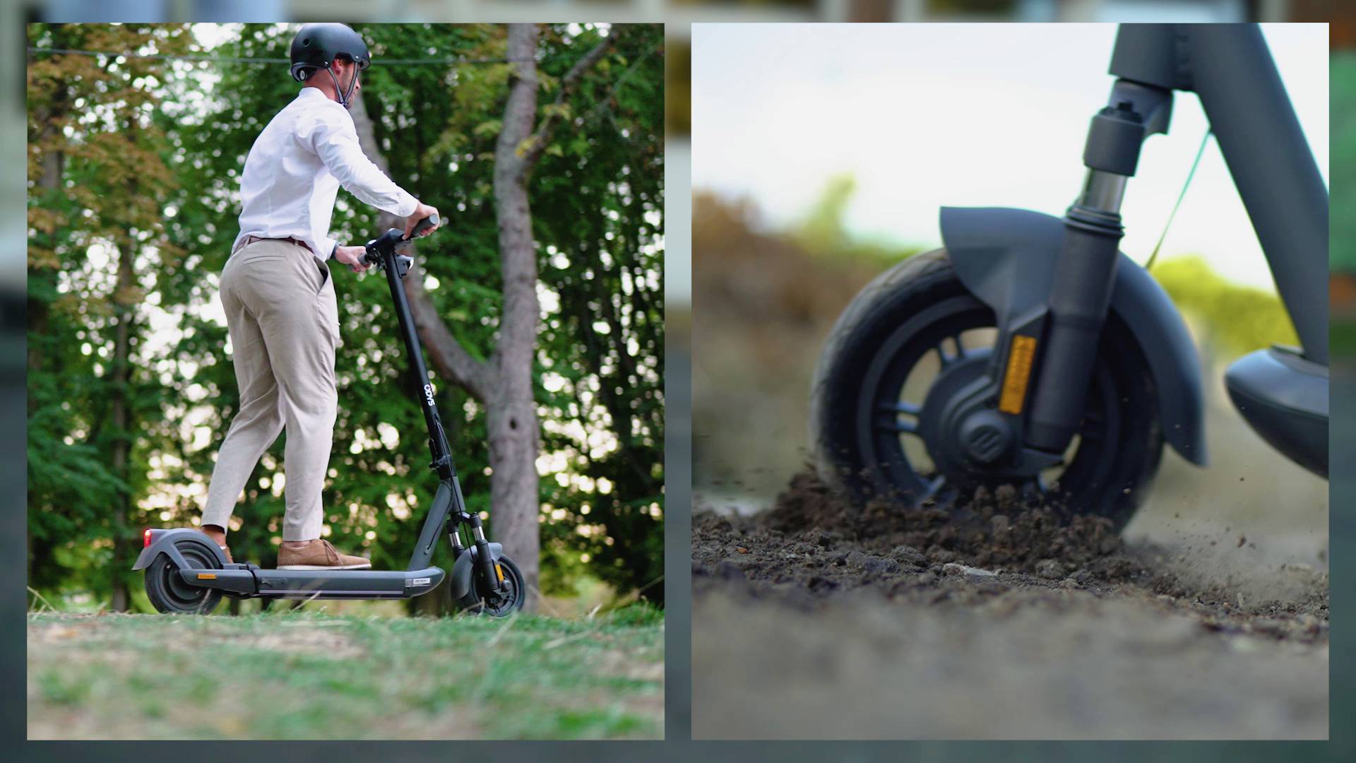 Links: Person fährt Elektroroller in einem Park. Rechts: Nahaufnahme eines Rollerrads auf Schotterweg.