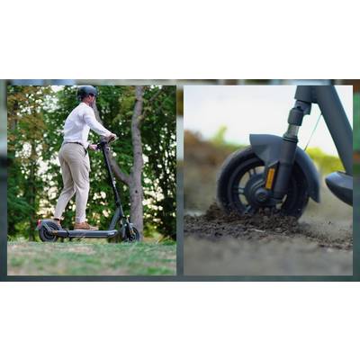 Links: Person fährt Elektroroller in einem Park. Rechts: Nahaufnahme eines Rollerrads auf Schotterweg.