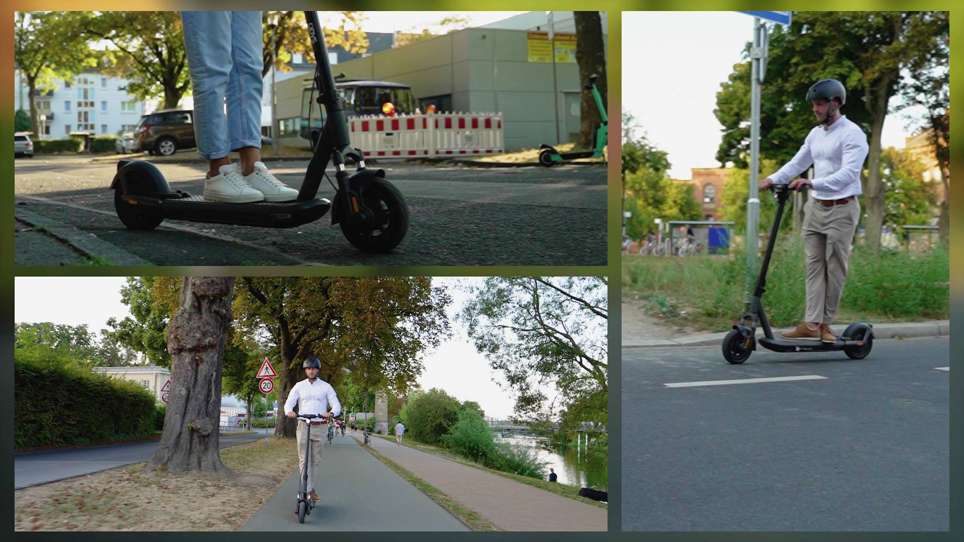 'Drei Bilder: oben links Person auf E-Scooter auf Gehweg, rechts Person mit Helm auf E-Scooter, unten Person auf E-Scooter auf Radweg.'