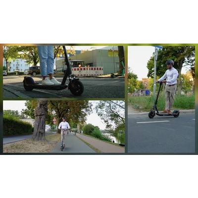 'Drei Bilder: oben links Person auf E-Scooter auf Gehweg, rechts Person mit Helm auf E-Scooter, unten Person auf E-Scooter auf Radweg.'
