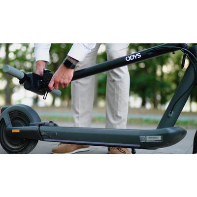 Eine Person in Businesskleidung faltet einen schwarzen Elektroroller auf einem Gehweg in einem grünen Park zusammen.