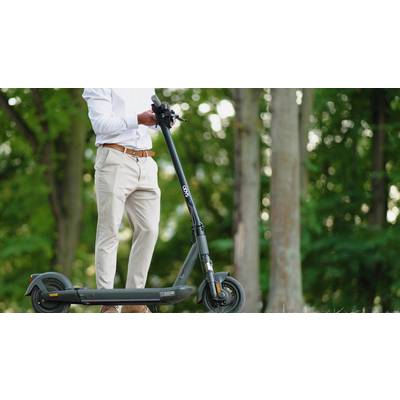 Eine Person in eleganter Kleidung steht auf einem schwarzen E-Scooter in einem grünen, bewaldeten Bereich.