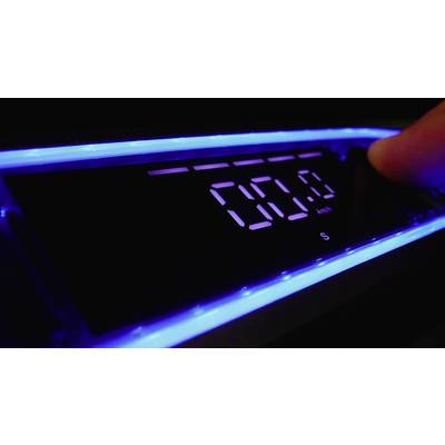 Ein digitaler Bildschirm zeigt '00:00' an, umgeben von blauem Licht. Eine Hand betätigt einen Knopf rechts daneben.