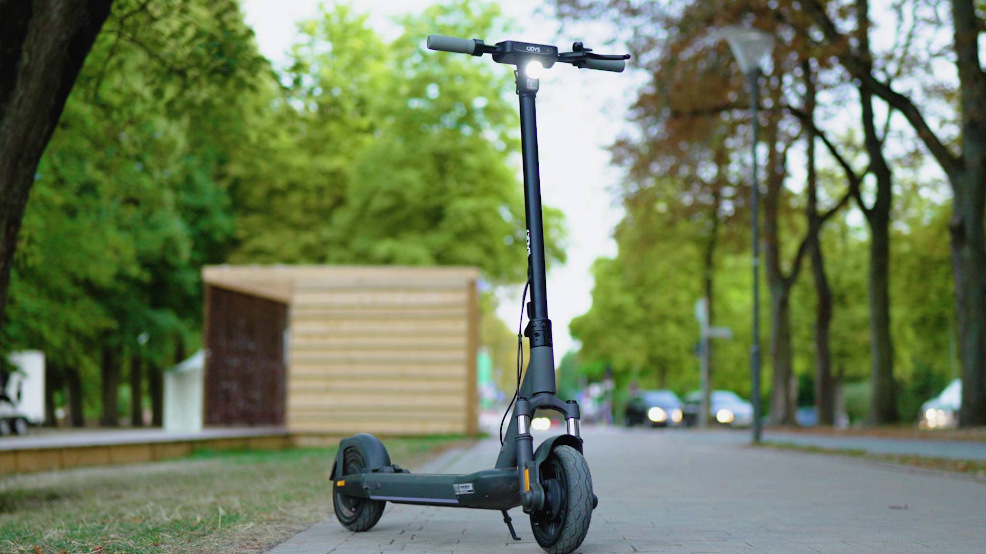Elektroroller steht auf einem Bürgersteig in einem Park mit grünen und braunen Bäumen. Im Hintergrund sind unscharfe Autos zu sehen.