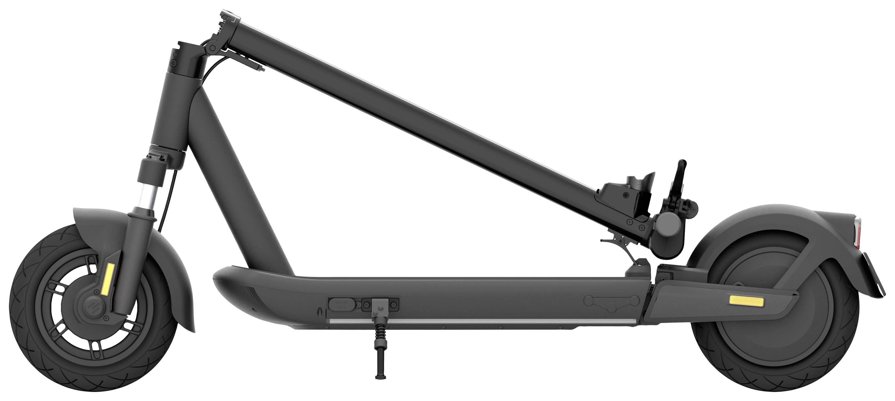 Schwarzer E-Scooter, seitlich abgebildet, zusammengeklappt. Er hat dicke Reifen und einen stabilen Rahmen.