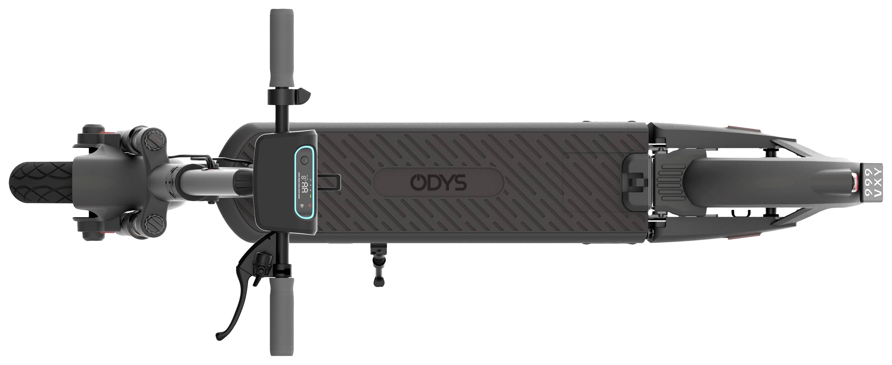 Obenansicht eines Elektroscooters mit schwarzem, rechteckigem Deck und Lenker. Aufdruck 'ODYS' sichtbar auf dem Deck.