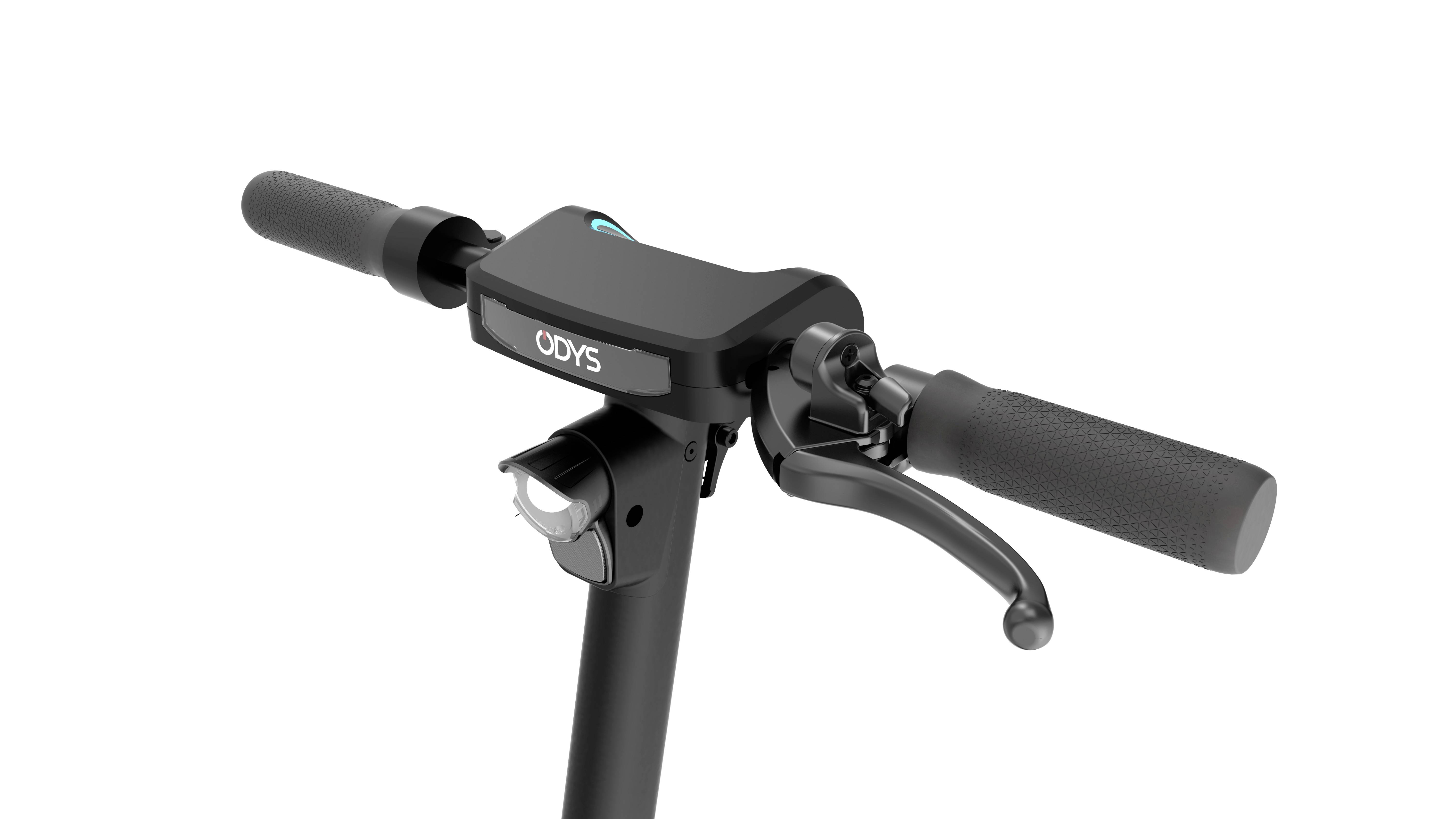 Schwarzer Lenker eines elektrischen Scooters mit Bremse und Klingel, zeigt Minimaldesign und Funktionalität für urbane Mobilität.