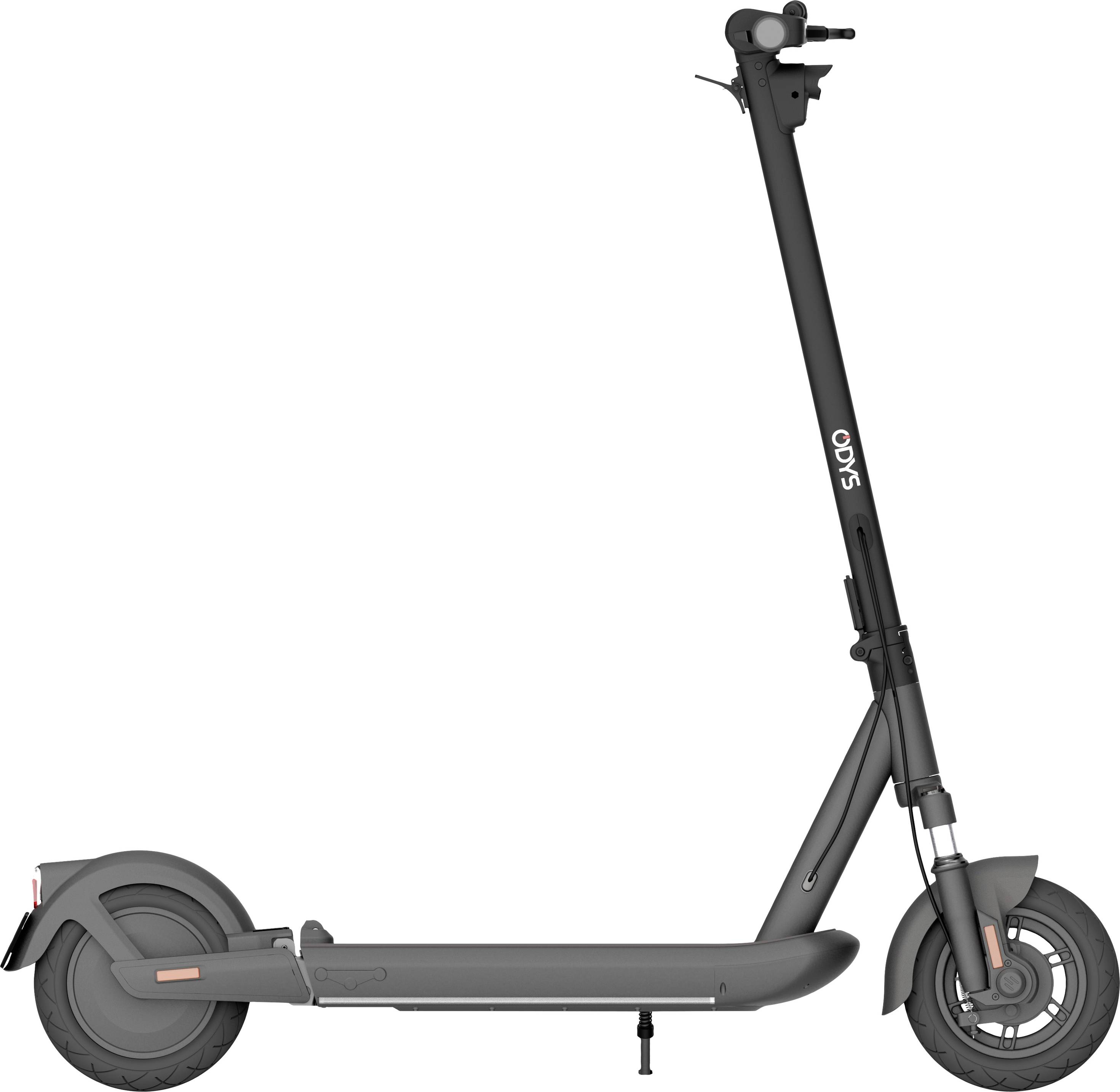 Elektroroller im Seitenprofil, schwarz, mit klappbarem Lenker und breiten Reifen. Ideal für urbane Mobilität.