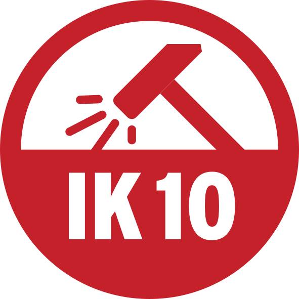 'IK 10' Symbol mit rotem Hammer, der auf eine Oberfläche schlägt, zeigt hohe Stoßfestigkeit an.