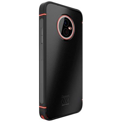 Schwarzes Smartphone-Gehäuse mit rote Akzenten, zeigt die Rückseite mit einer Kameraöffnung und einem strukturierten Design.