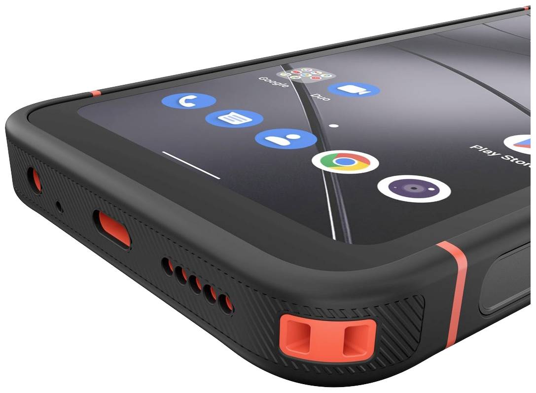 Nahaufnahme eines Smartphones mit robuster Hülle. Der Bildschirm zeigt gängige App-Symbole. Die Hülle ist schwarz mit orangenen Details.