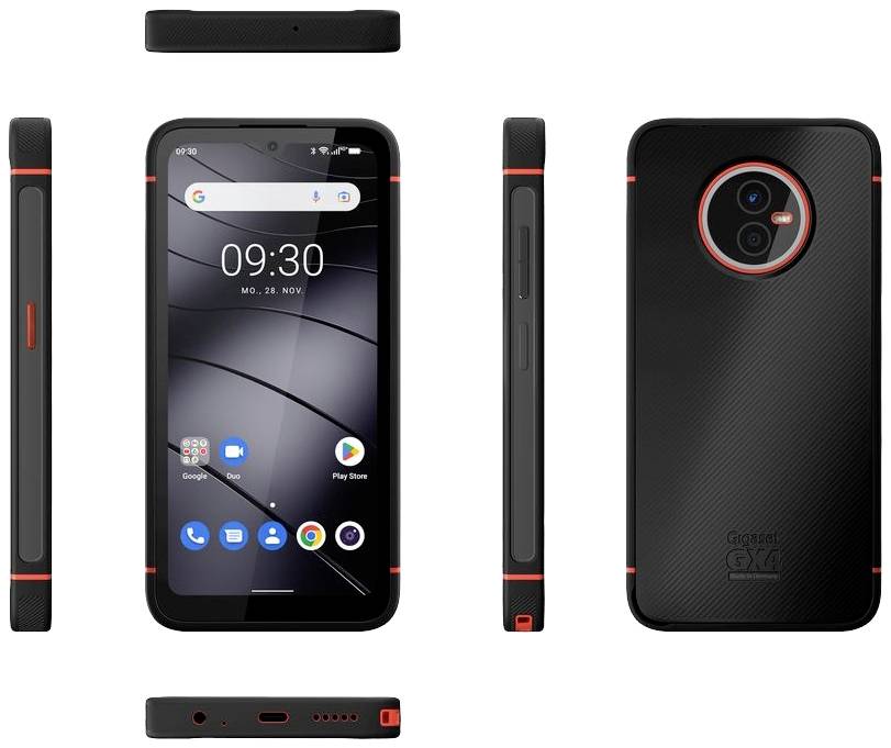 Ein schwarzes Smartphone mit rotem Akzent, Vorder- und Rückansicht, zeigt die Uhrzeit '09:30' und Apps auf dem Display.