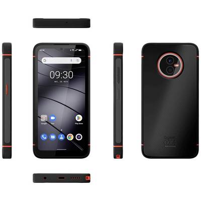 Ein schwarzes Smartphone mit rotem Akzent, Vorder- und Rückansicht, zeigt die Uhrzeit '09:30' und Apps auf dem Display.