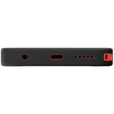 Schwarz-rotes Gehäuse mit verschiedenen Anschlüssen: Kopfhörerbuchse, USB-C-Anschluss und Lautsprechergitter.