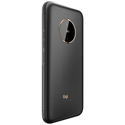 Das Bild zeigt ein schwarzes Smartphone von hinten mit einer markanten Kamera in der Mitte und dem Logo 'Gigaset' darunter.
