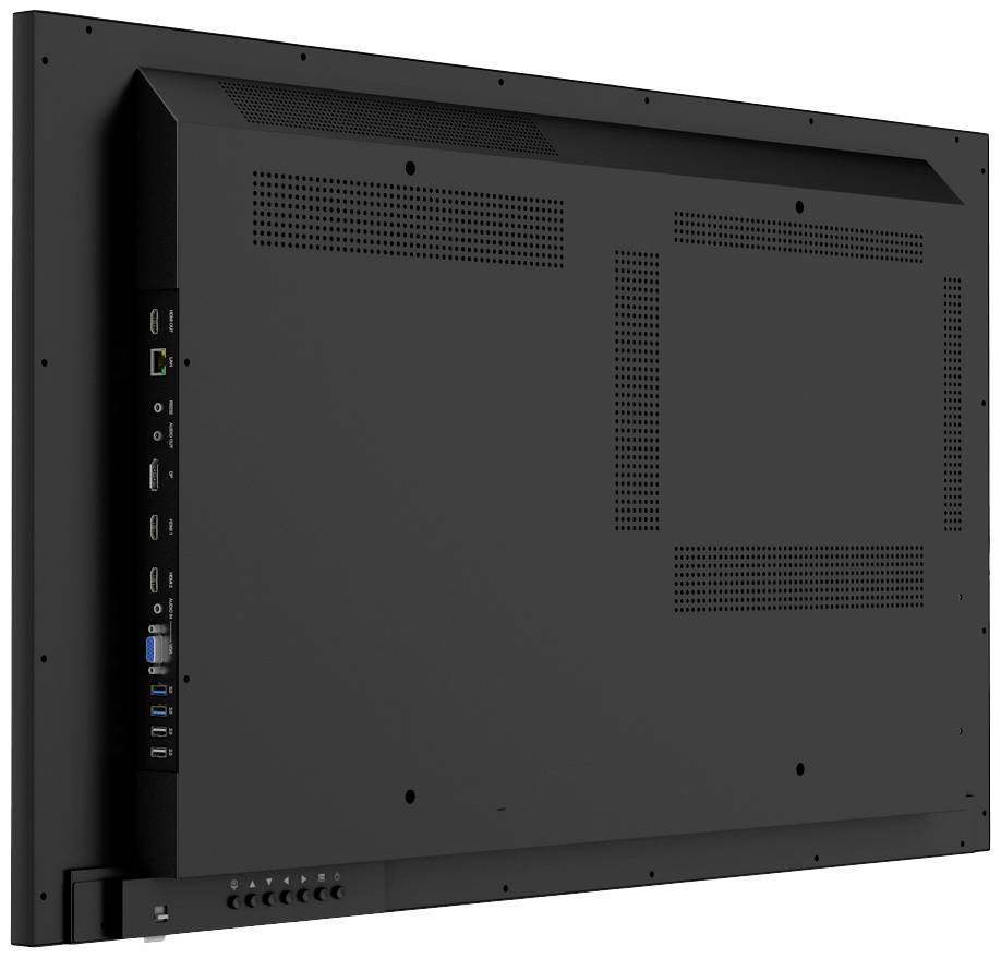 Rückansicht eines schwarzen Flachbildschirms, der verschiedene Anschlussmöglichkeiten wie HDMI und USB auf der linken Seite zeigt.