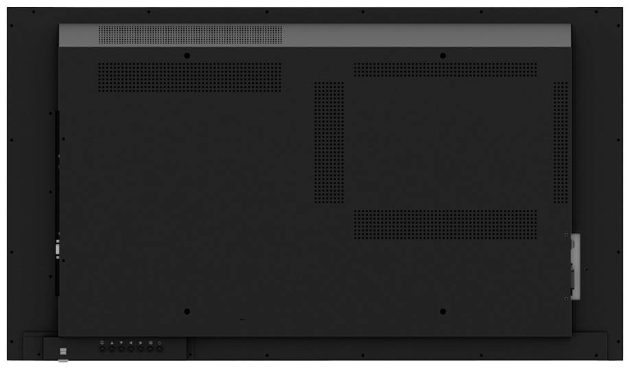 Rückseite eines schwarzen Bildschirms mit mehreren Lüftungsschlitzen und Anschlüssen, geeignet für Montage oder technisches Setup.
