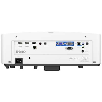 Rückseite eines Projektors mit verschiedenen Anschlüssen: HDMI, VGA, Audio In/Out, USB und Stromanschluss. Marke 'BenQ'.