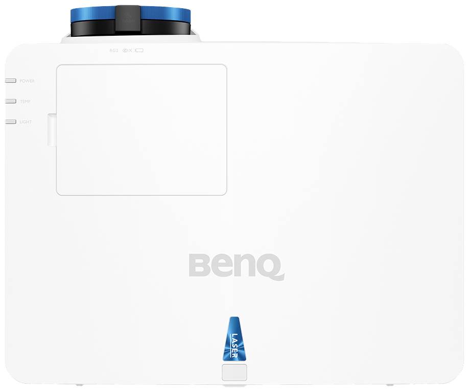 Ein weißer BenQ-Laserprojektor mit blauen Akzenten, ideal für Präsentationen und Heimkinoanwendungen.