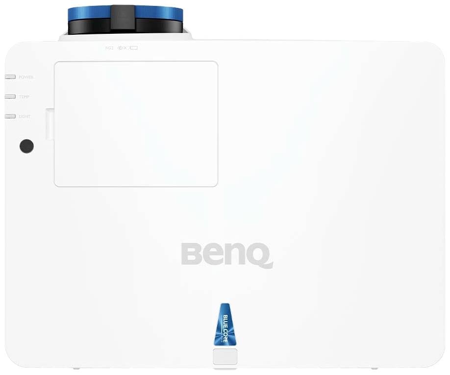 Ein weißer BenQ-Projektor von oben mit blauen Akzenten und der Markenname in der Mitte.