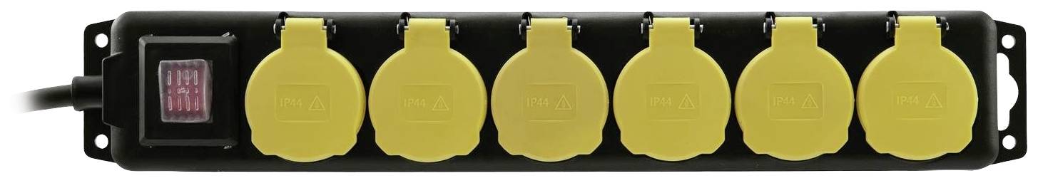 Schwarze Steckdosenleiste mit sechs gelben Steckdosen und einem roten Schalter auf der linken Seite.