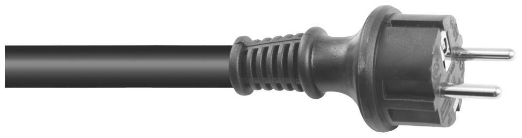 Ein schwarzer Steckdosenstecker mit Schuko-Anschluss zeigt die Vorderseite, sichtbar sind die zwei Kontaktstifte und ein Erdungsstift.