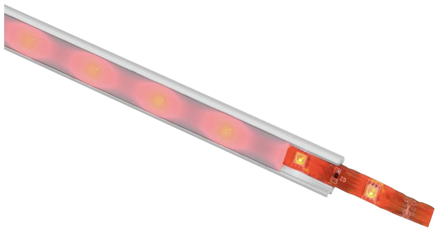 Ein roter LED-Streifen mit mehreren leuchtenden LEDs in einer schmalen, durchsichtigen Halterung. Der Streifen ist diagonal ausgerichtet.