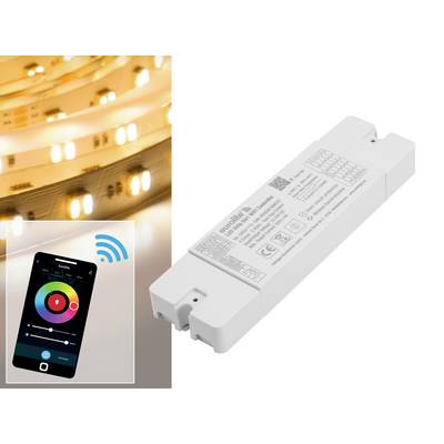 LED-Streifen, Smartphone mit Lichtsteuerungs-App, und LED-Controller zur Steuerung der Lichtfarben und Helligkeit.