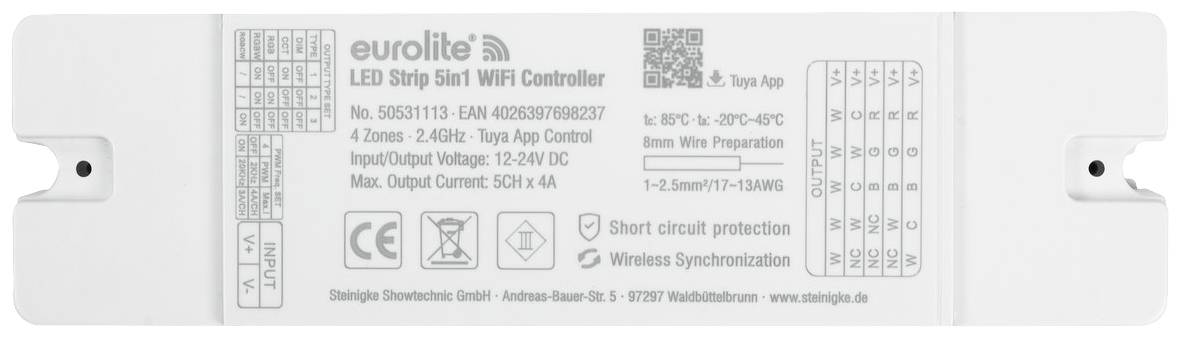 LED-Controller von Eurolite, Modell 55531113, zur Steuerung von LED-Streifen per WLAN, 12-24V Eingang, max. Ausgang 5x4A.