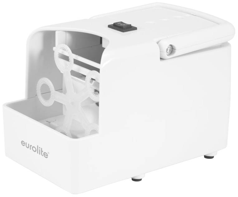Weiße Seifenblasenmaschine mit einem Ventilatorrad zur Erzeugung von Seifenblasen, seitlich beschriftet mit 'eurolite'.