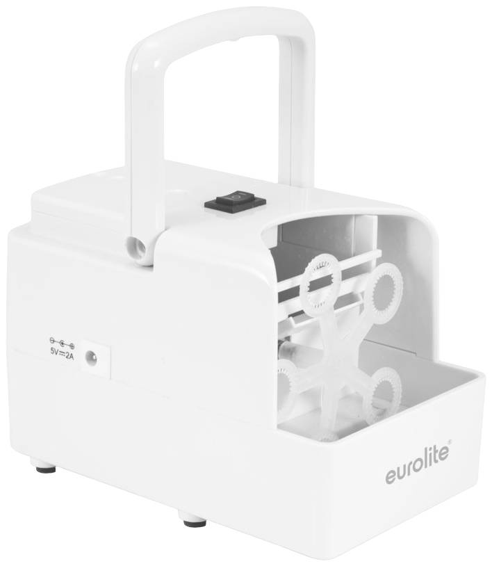 Eine weiße Seifenblasenmaschine mit Griff und Schalter oben, zeigt drehende Ringe für Seifenblasen, Marke 'eurolite'.