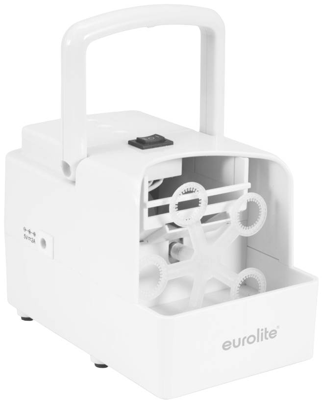 Tragbare Seifenblasenmaschine von Eurolite mit vier rotierenden Zahnrädern für Erzeugung von Seifenblasen, Schalter oben sichtbar.