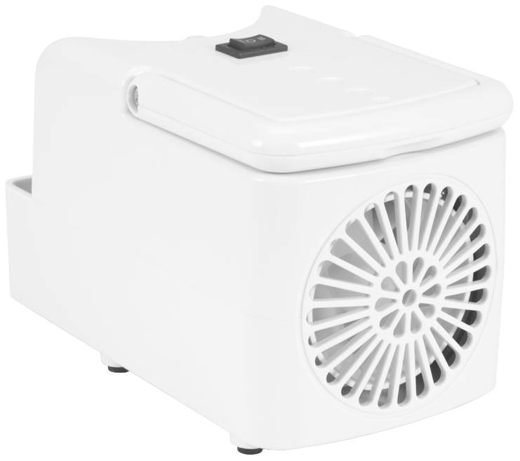Ein weißer Entfeuchter mit Lüfter an der Seite und Schalter oben. Gerät zur Lufttrocknung in Innenräumen.