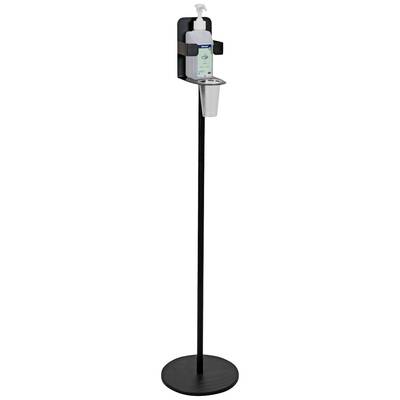 Desinfektionsmittelständer mit Spender und Becher, freistehend, aus schwarzem Metall, für hygienische Handdesinfektion.